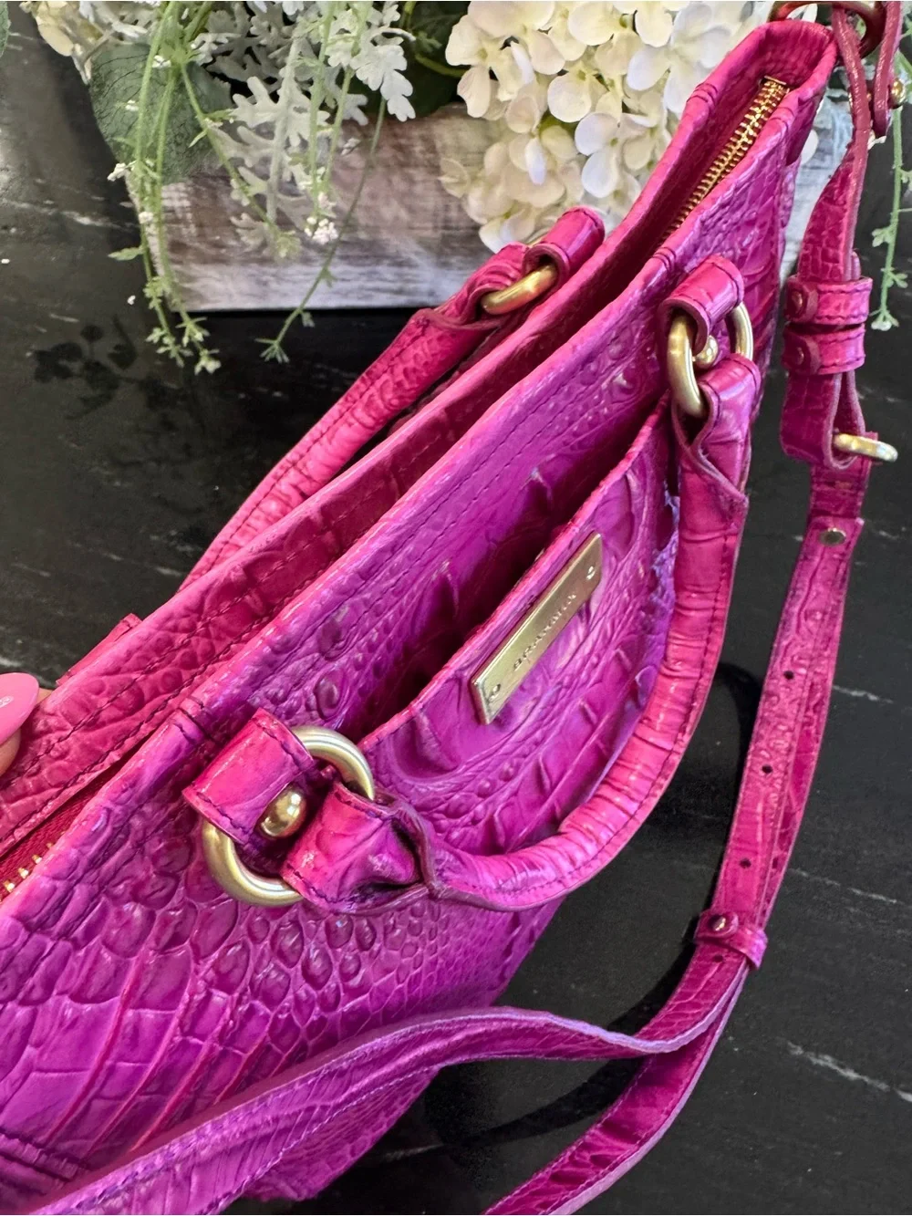 🩷🐊Brahmin Mini Asher Satchel Fuchsia Croc Embossed Leather Crossbody Pink